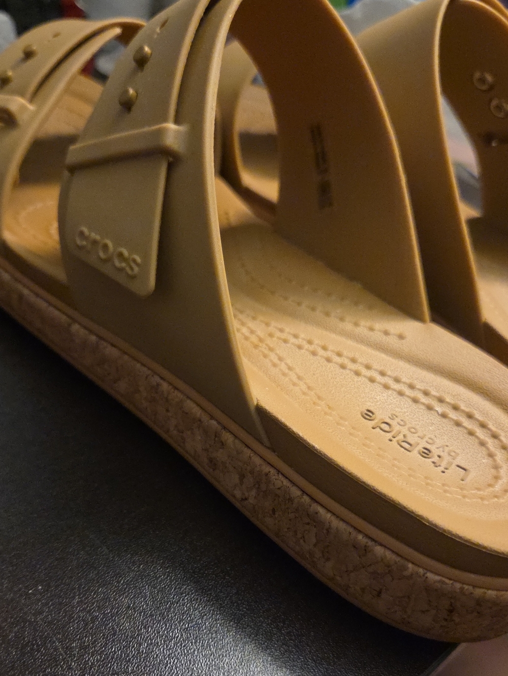 CROCS Women's Cork-Style Platform Slide Sandals in Tan